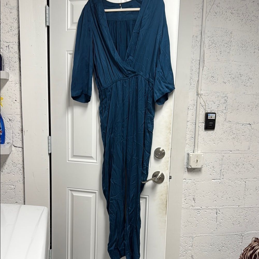 Elegant Teal Pants Romper Silk MEDIUM- Like New Jumpsuit Belted Pockets YFB
